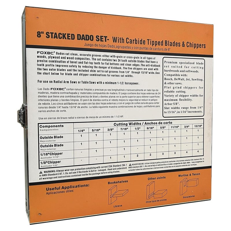 FOXBC 8" Carbide Stacking Dado Blade Set for SawStop, Jet, Dewalt, Bosch Saw - 14 Pieces - Image 5